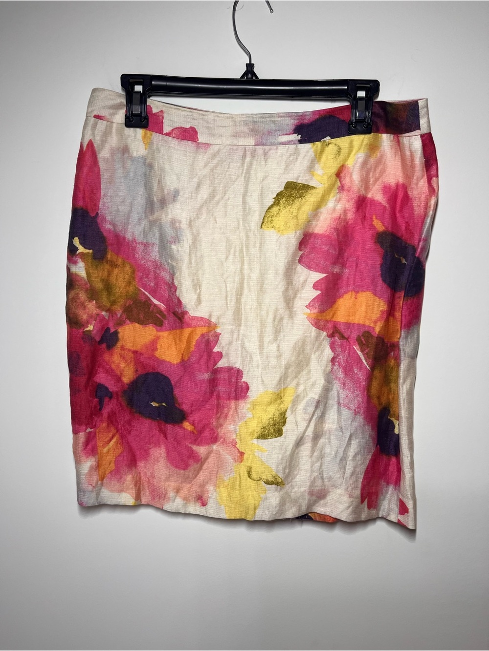 LOFT Linen Blend Pink Floral Pencil Skirt with Yellow & Purple Accents